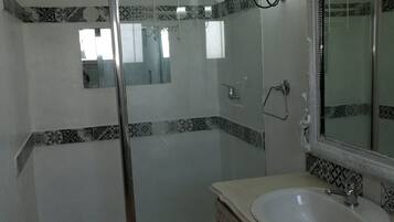 Shower, towels, toilet paper