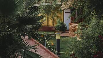 Un jardin avec un sentier menant à un bâtiment à la façade jaune et au toit de chaume.