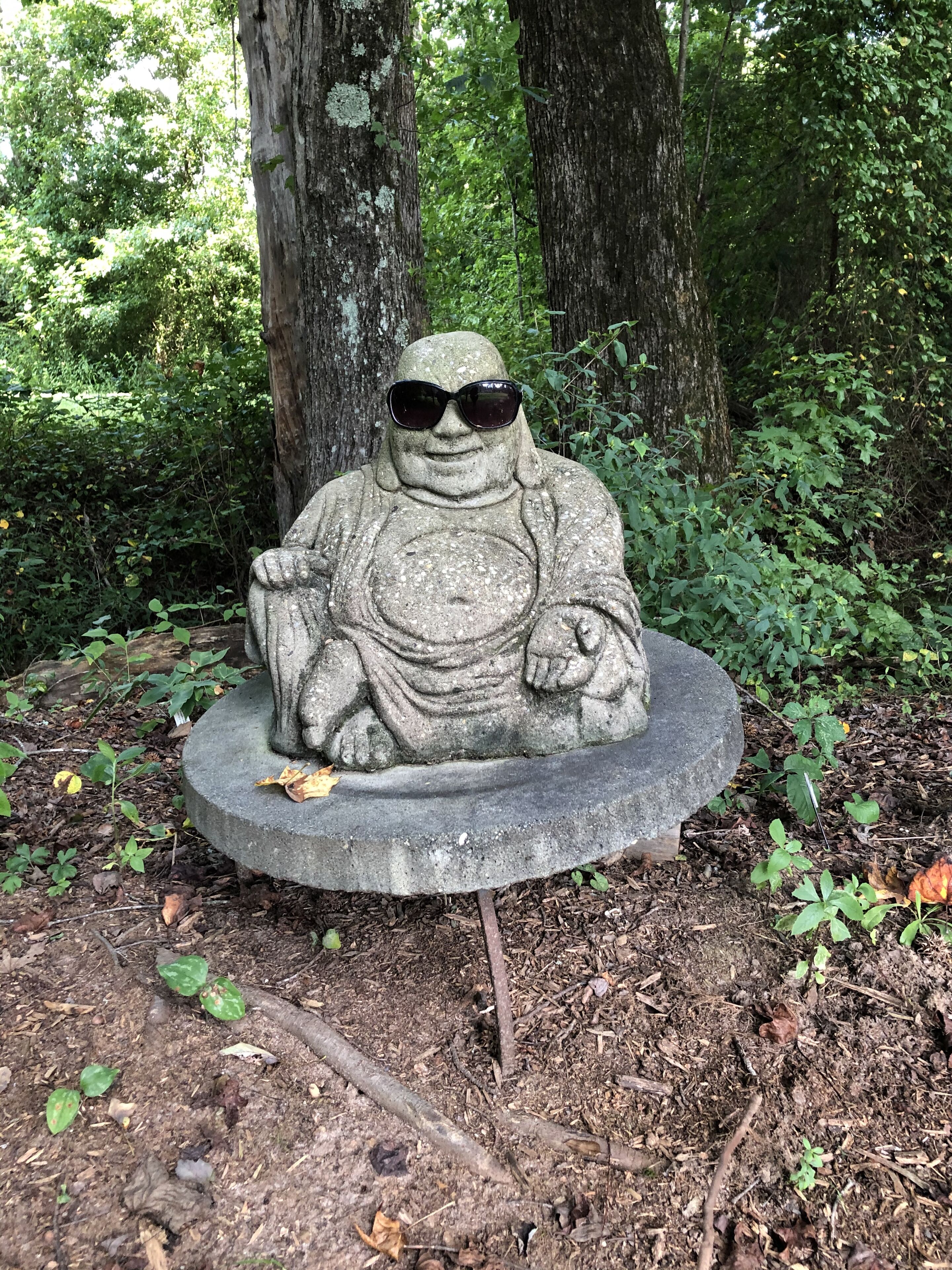 Eine Buddha-Statue aus Stein mit Sonnenbrille, sitzend auf einem runden Sockel in einer bewaldeten Gegend.