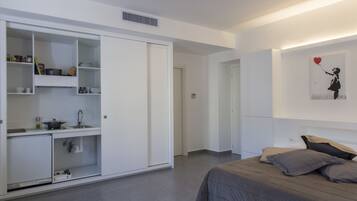 Une chambre moderne comprenant un lit, une kitchenette et une salle de bain.