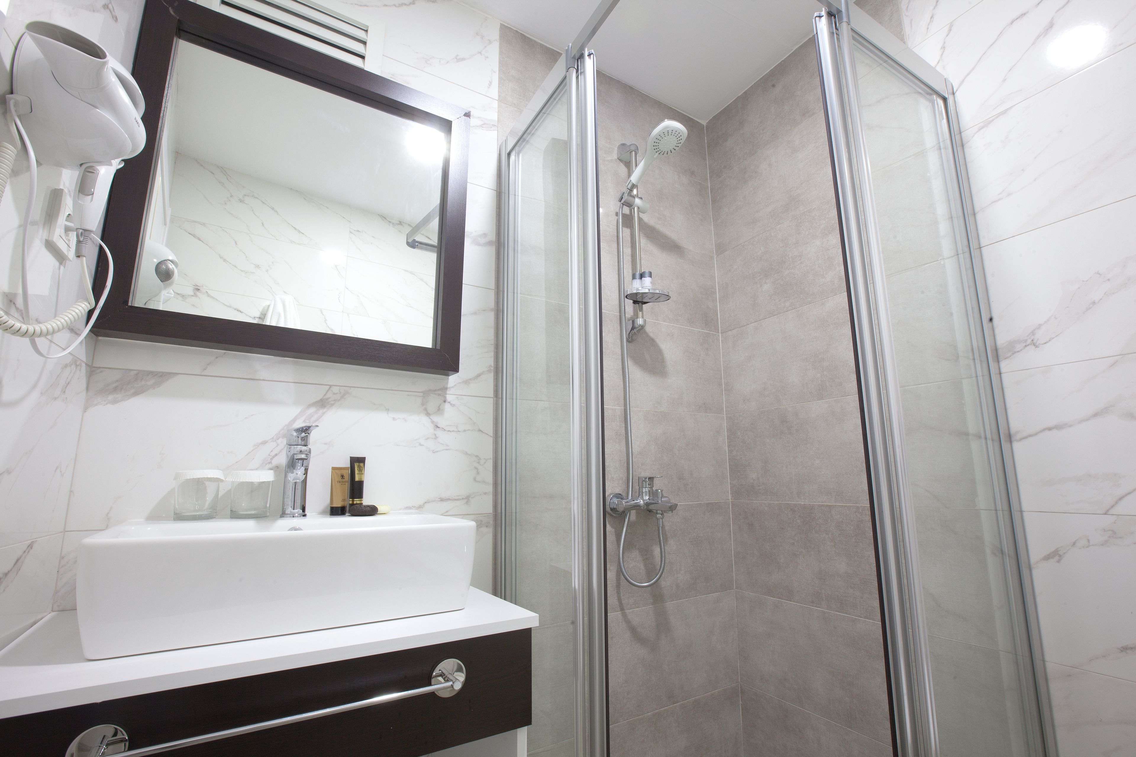 shower, slippers, towels