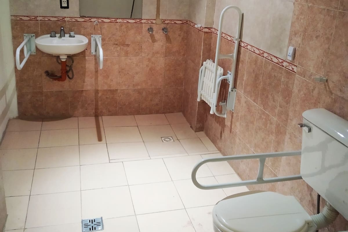 Une salle de bain équipée d’un lavabo, de toilettes, d’une douche et de barres d’appui.