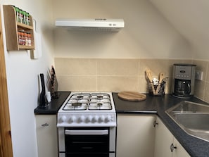 A kitchen with a stove, oven, coffee maker, and a spice rack. - Racecourse Lodge Apartment (Clifden)