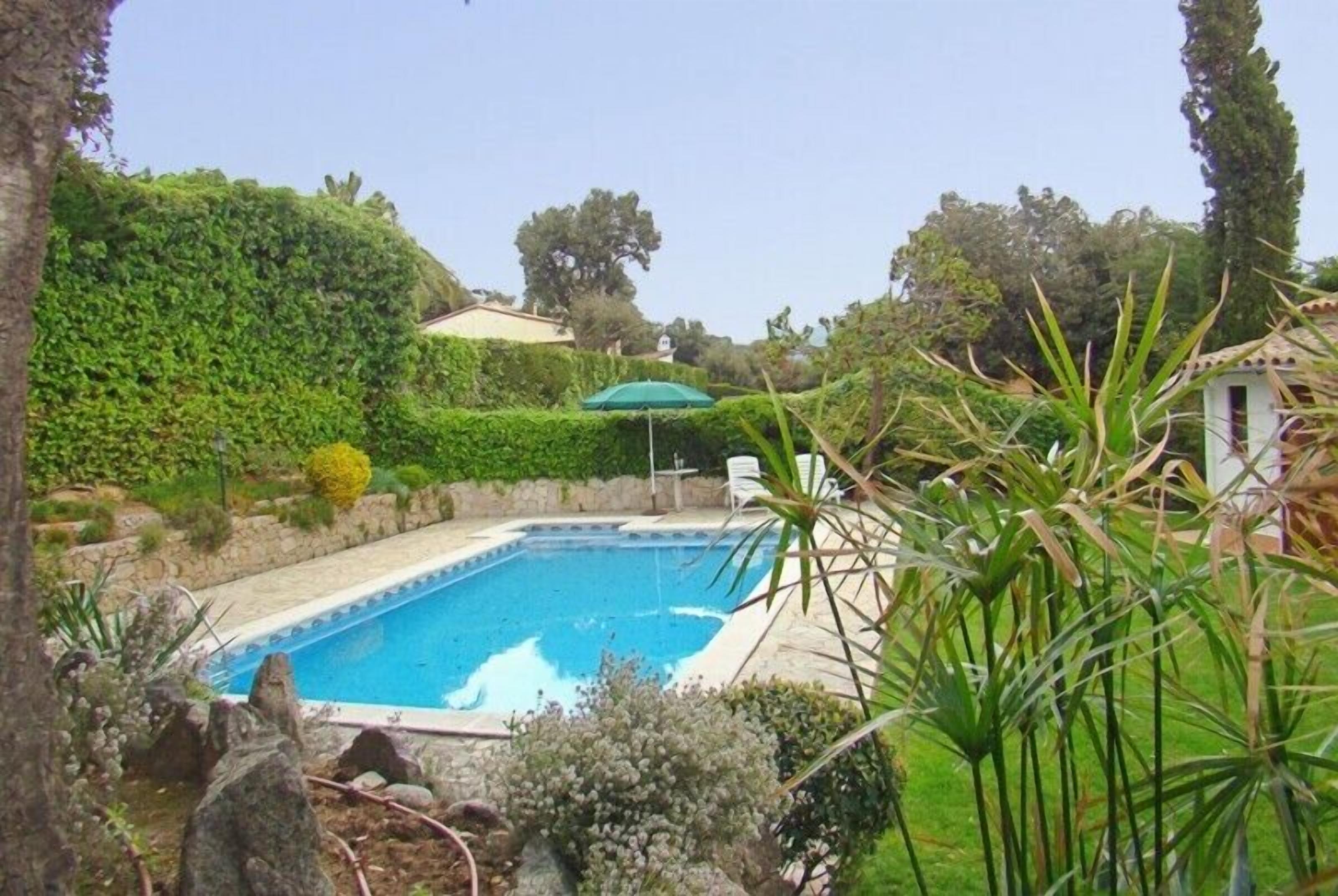 A swimming pool surrounded by lush greenery and a small gazebo.