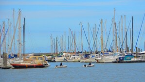 Una marina con varios barcos amarrados, incluyendo un barco rojo y blanco en primer plano y varios veleros con mástiles altos.