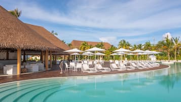 Outdoor pool, pool umbrellas, pool loungers