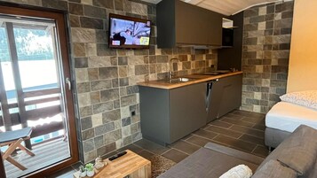 Apartamento estándar, 1 habitación, balcón, vistas a la montaña (3) | Cocina privada | Frigorífico, microondas, placa de cocina y lavavajillas