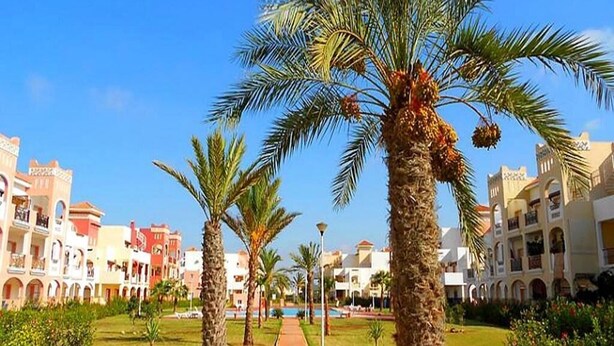 A resort with palm trees, a pool, and multi-story buildings with balconies.