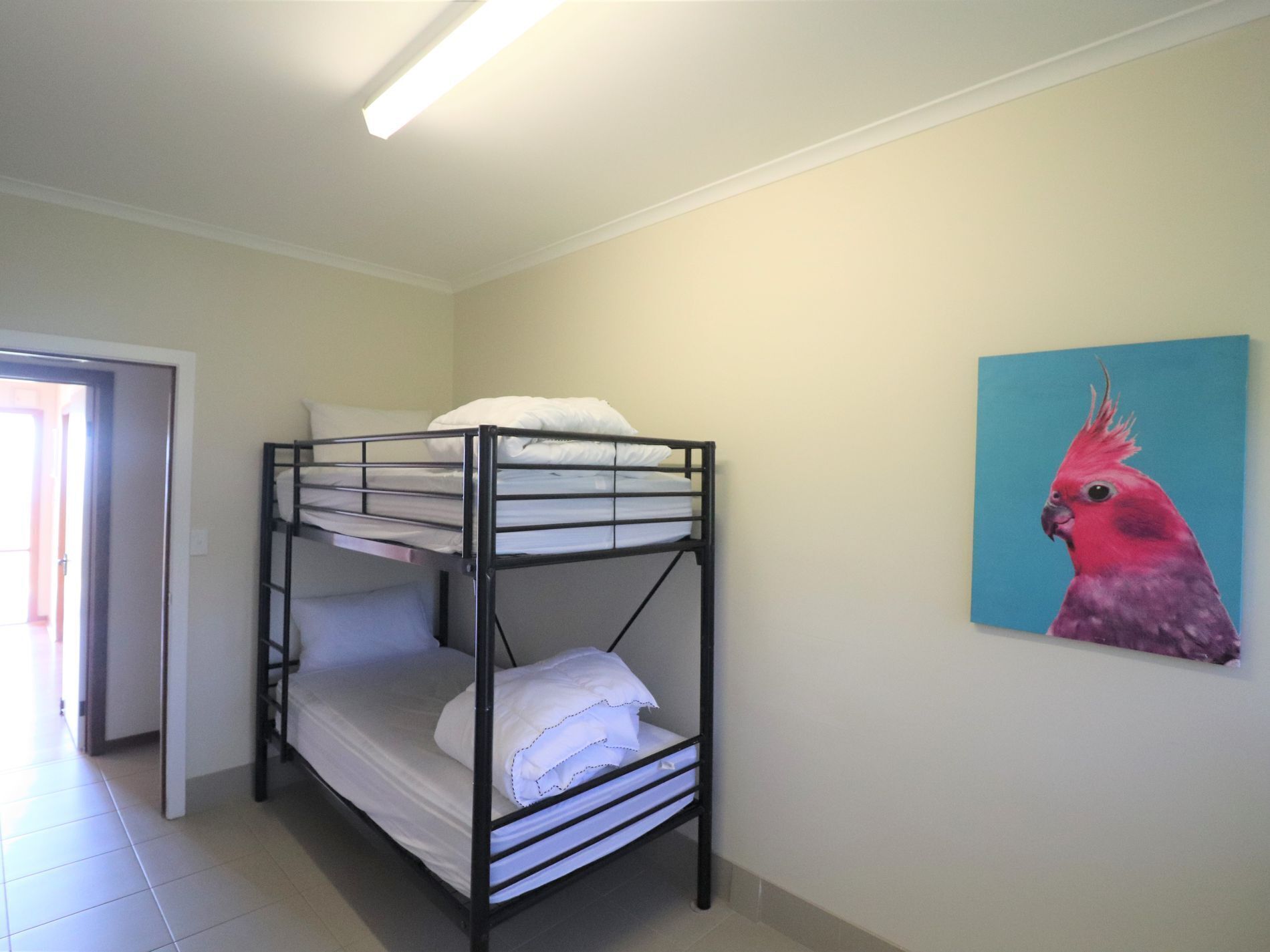 A bunk bed in a room with a door leading to another area, a painting of a bird on the wall, and a ceiling light.