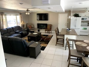 Smart TV, fireplace, DVD player, video library