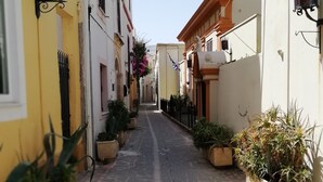Una estrecha calle adoquinada bordeada por edificios con balcones y plantas en macetas.