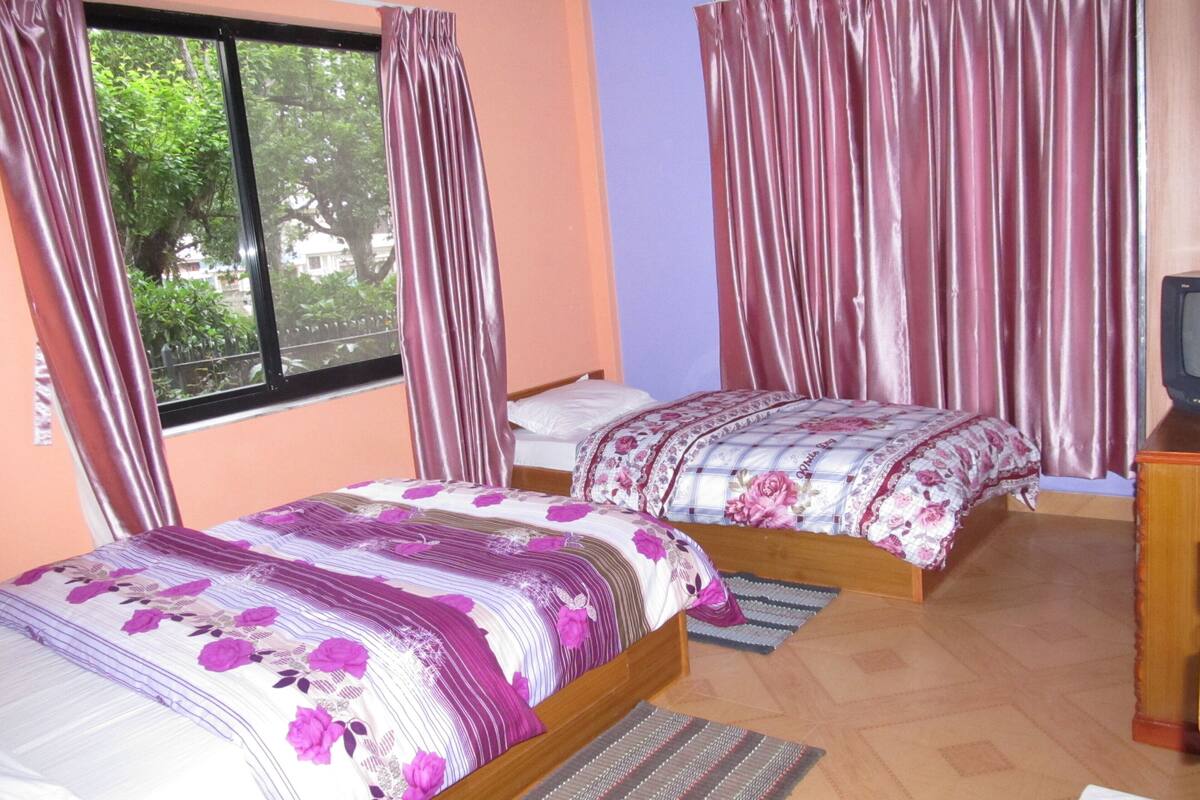 A bedroom with two beds, a television, and a window with curtains.