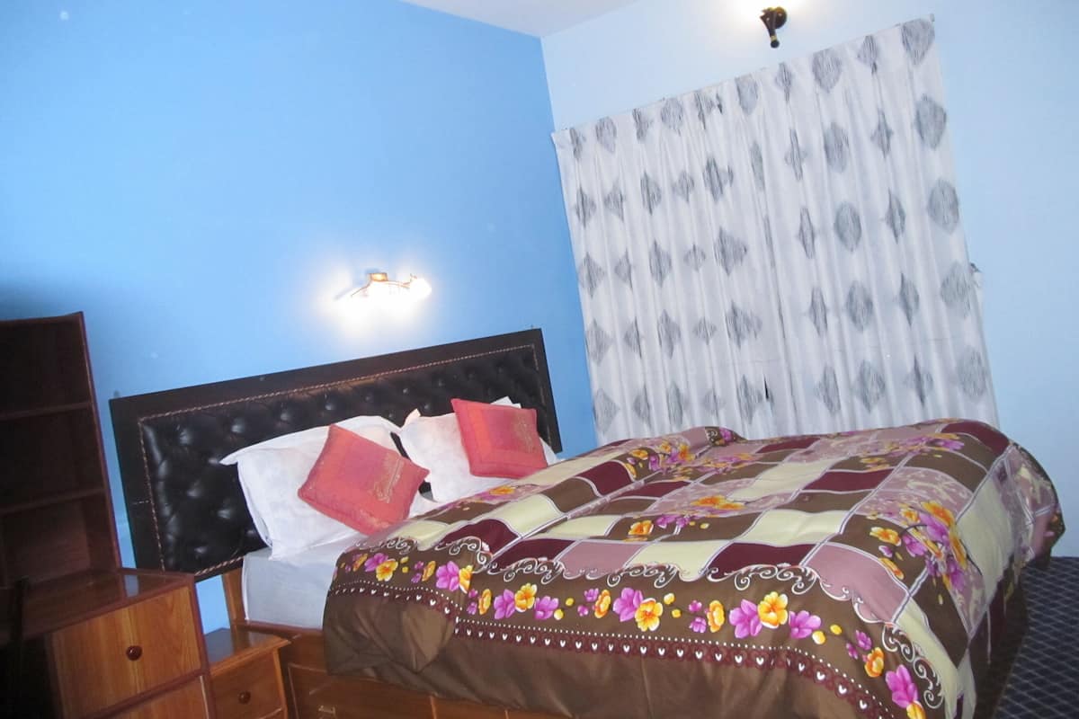 A bedroom with a bed, a nightstand, a dresser, and a window with patterned curtains.