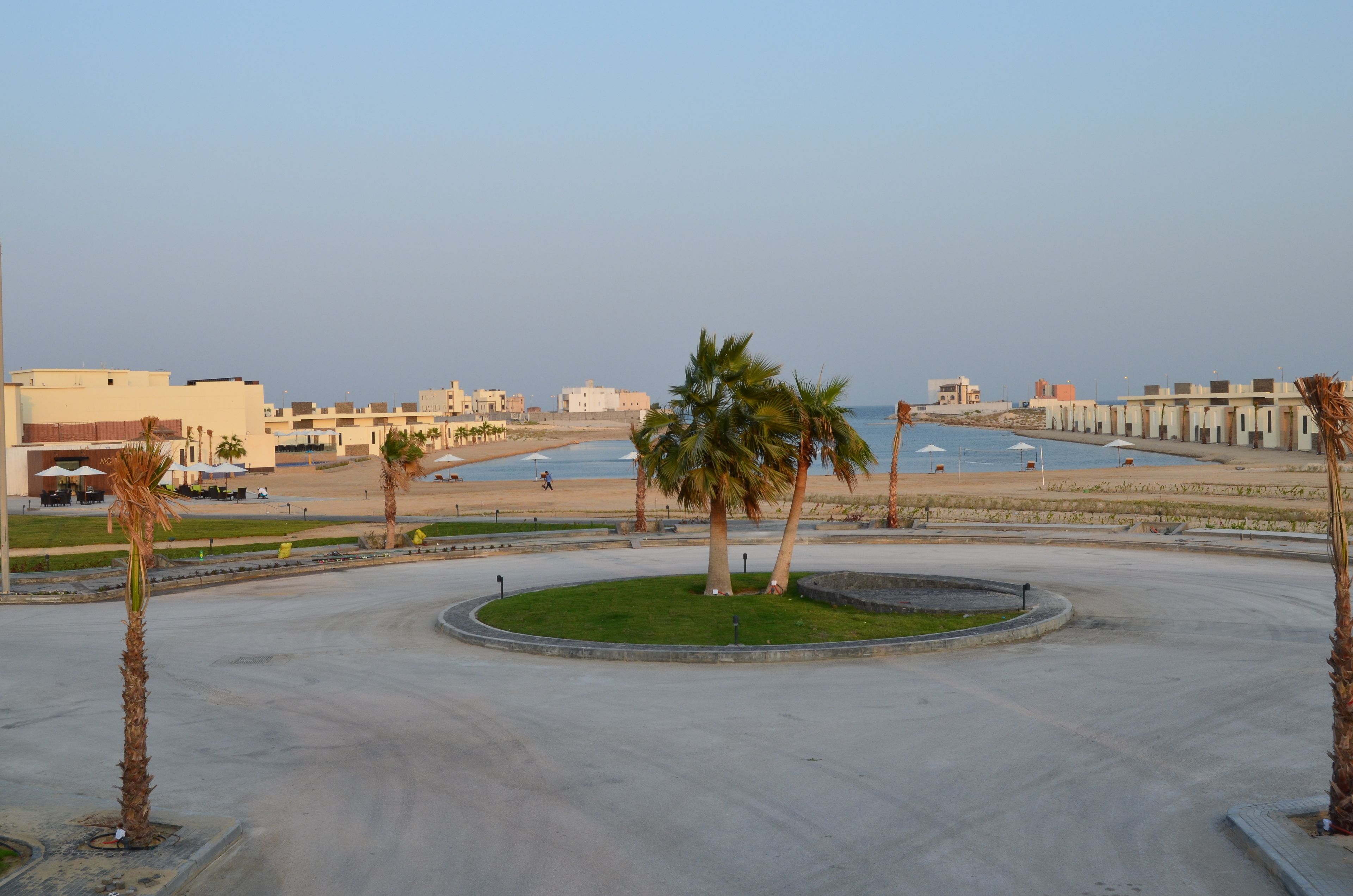 A spacious parking area with palm trees and a view of the beach and buildings in the background.