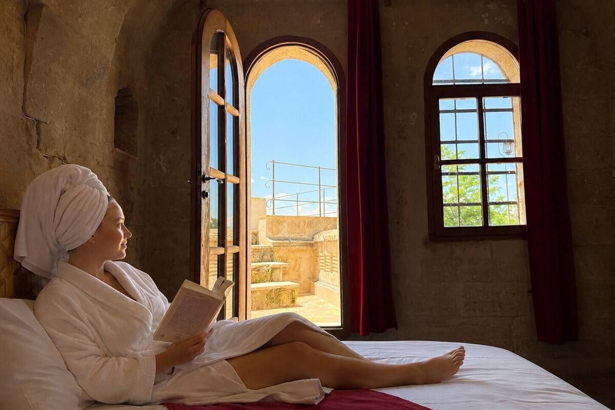 Una persona leyendo en una habitación con ventanales arqueados y vistas a un espacio exterior.
