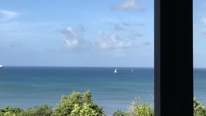 A view of the ocean with a ship and a sailboat in the distance.
