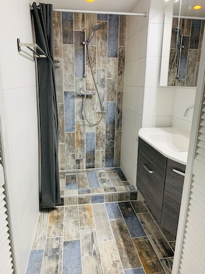 Shower, hair dryer, towels