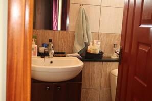 Shower, towels, soap, toilet paper