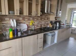 Fridge, microwave, stovetop, electric kettle