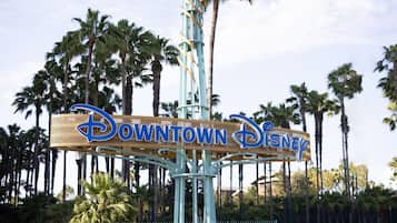 A sign for Downtown Disney with a wooden frame and blue lettering.