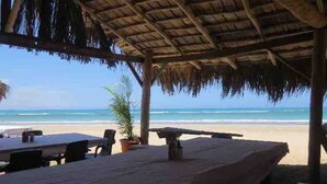 Un restaurante en la playa con techo de paja, mesas al aire libre y vistas al océano.
