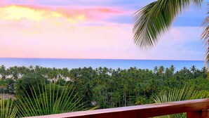 Un paisaje tropical con una terraza de madera que da a una playa y numerosas palmeras.