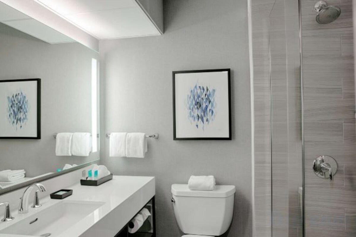 Un baño moderno con lavamanos, espejo y retrete blancos. Hay obras de arte enmarcadas en la pared y una zona de ducha.