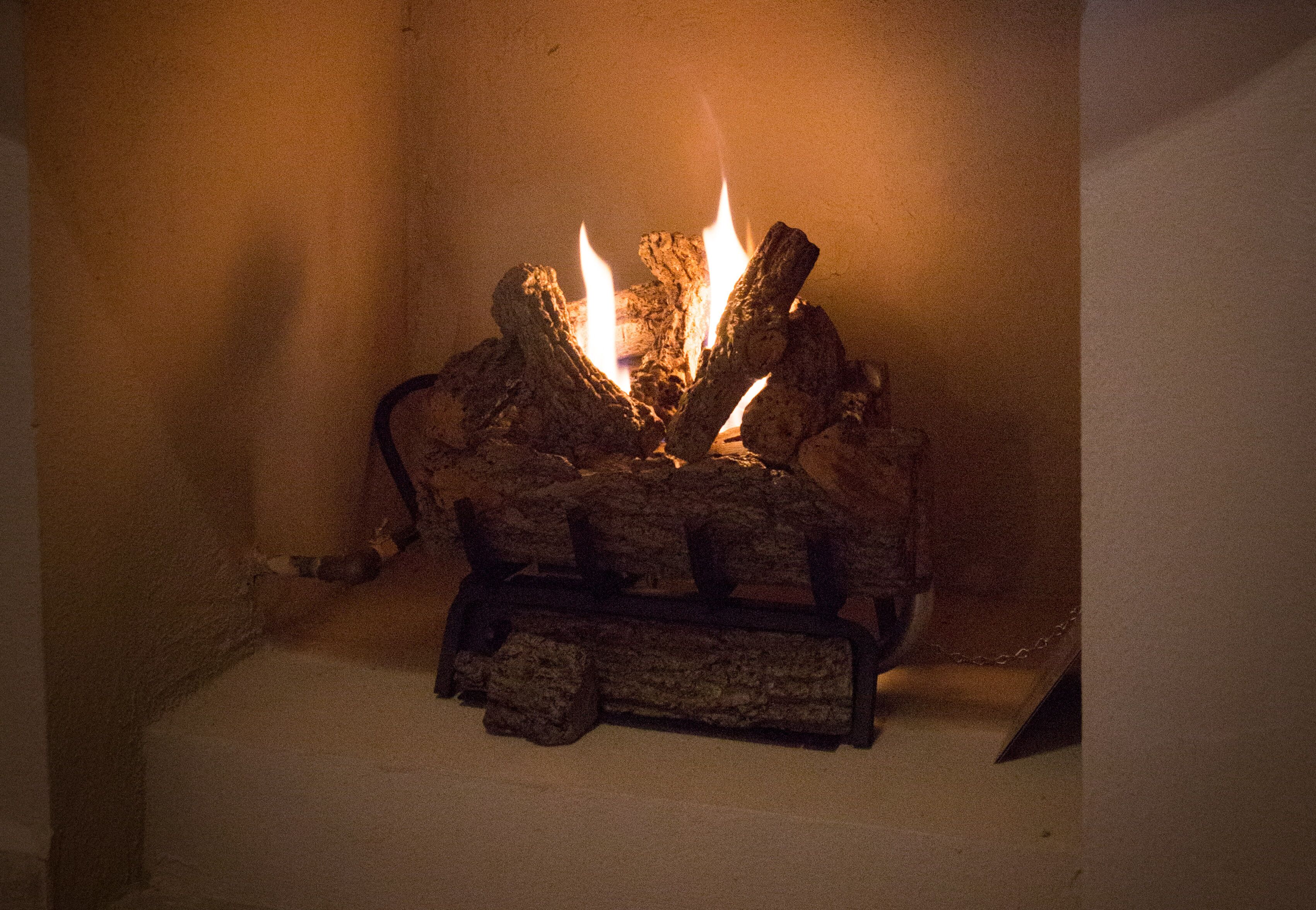 Una chimenea con leña encendida.