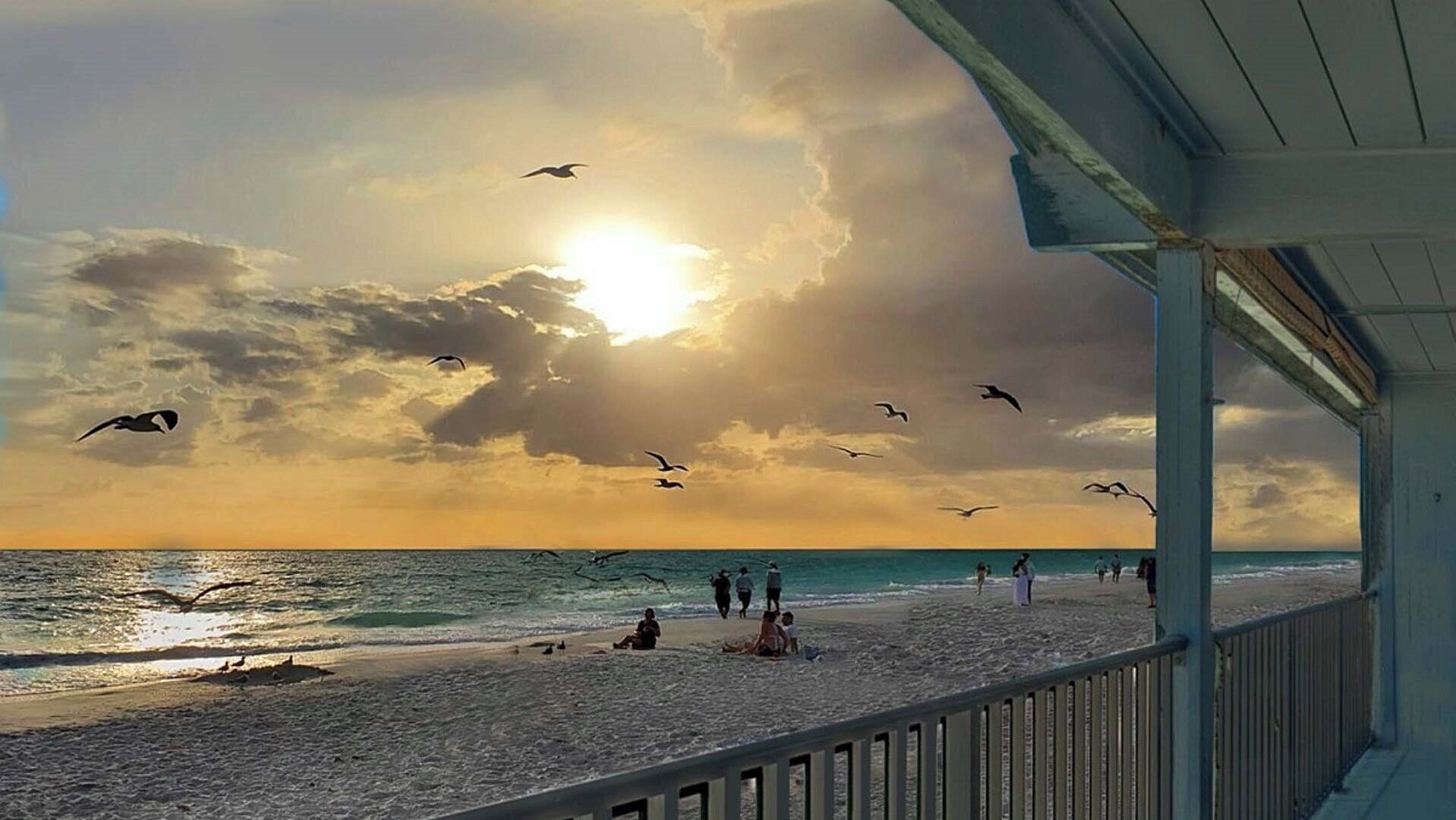 A beach scene with a wooden pier and people on the sand.