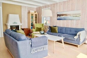 Smart TV, fireplace, table football, books