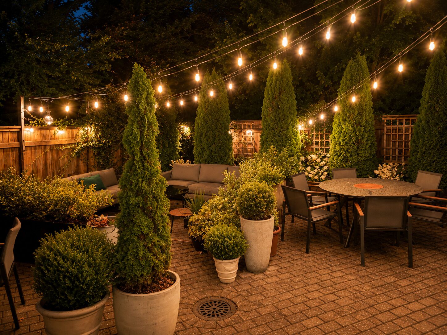 Un espace extérieur aménagé en terrasse, avec des guirlandes lumineuses, une table ronde, des chaises et des plantes en pot.