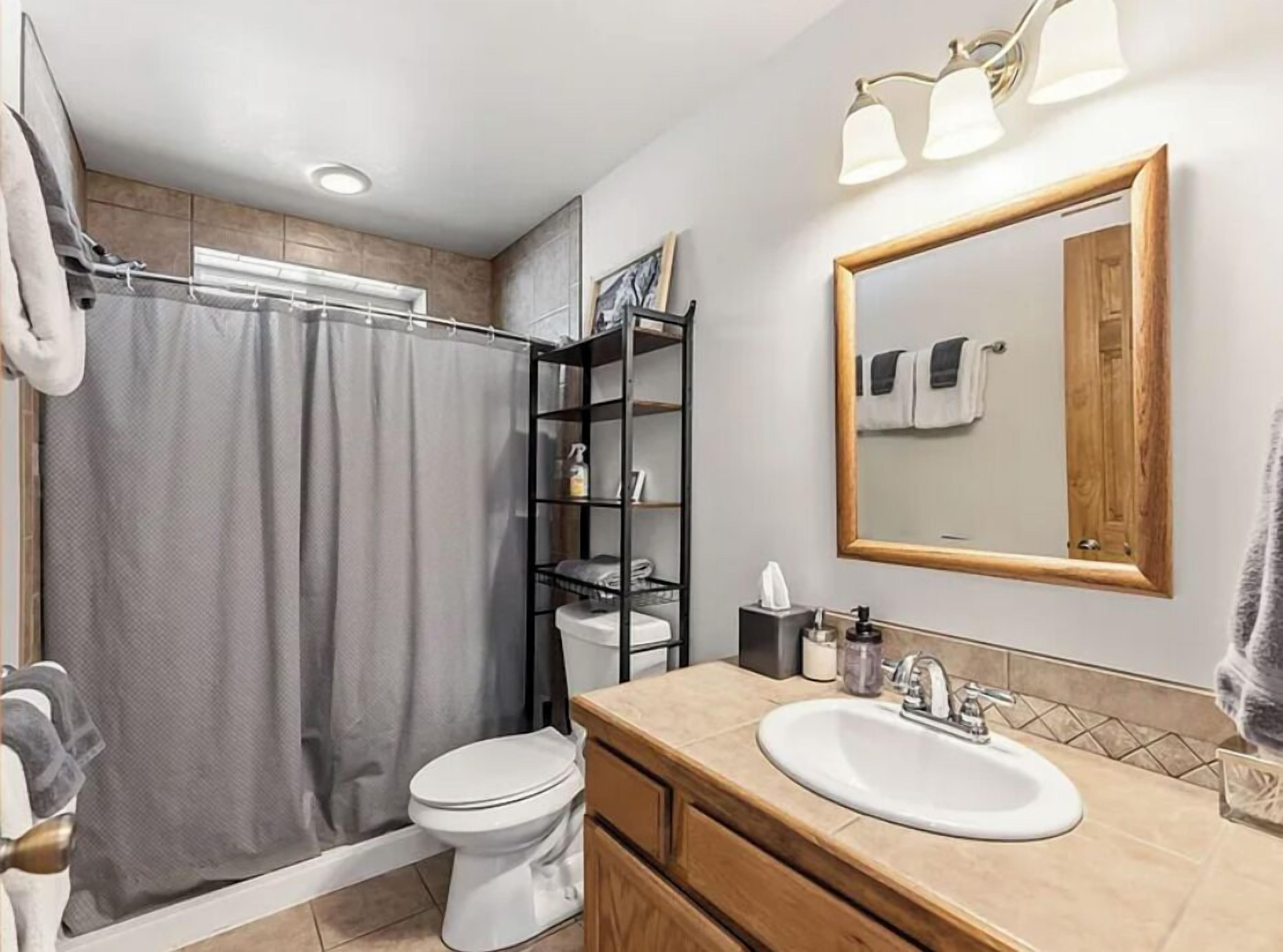 Baño con ducha, inodoro, lavabo y espejo.