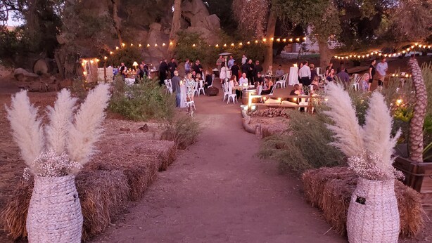 Un sendero de tierra flanqueado por macetas decorativas con pastos del pampa, que conduce a un espacio de encuentro con mesas y sillas, rodeado de árboles y luces colgantes.