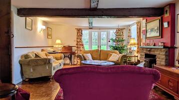 Smart TV, fireplace, DVD player, books