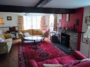 Smart TV, fireplace, DVD player, books