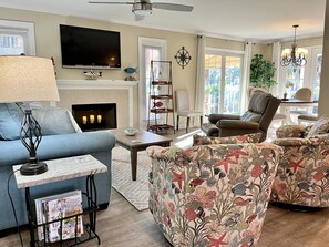 Smart TV, fireplace, books