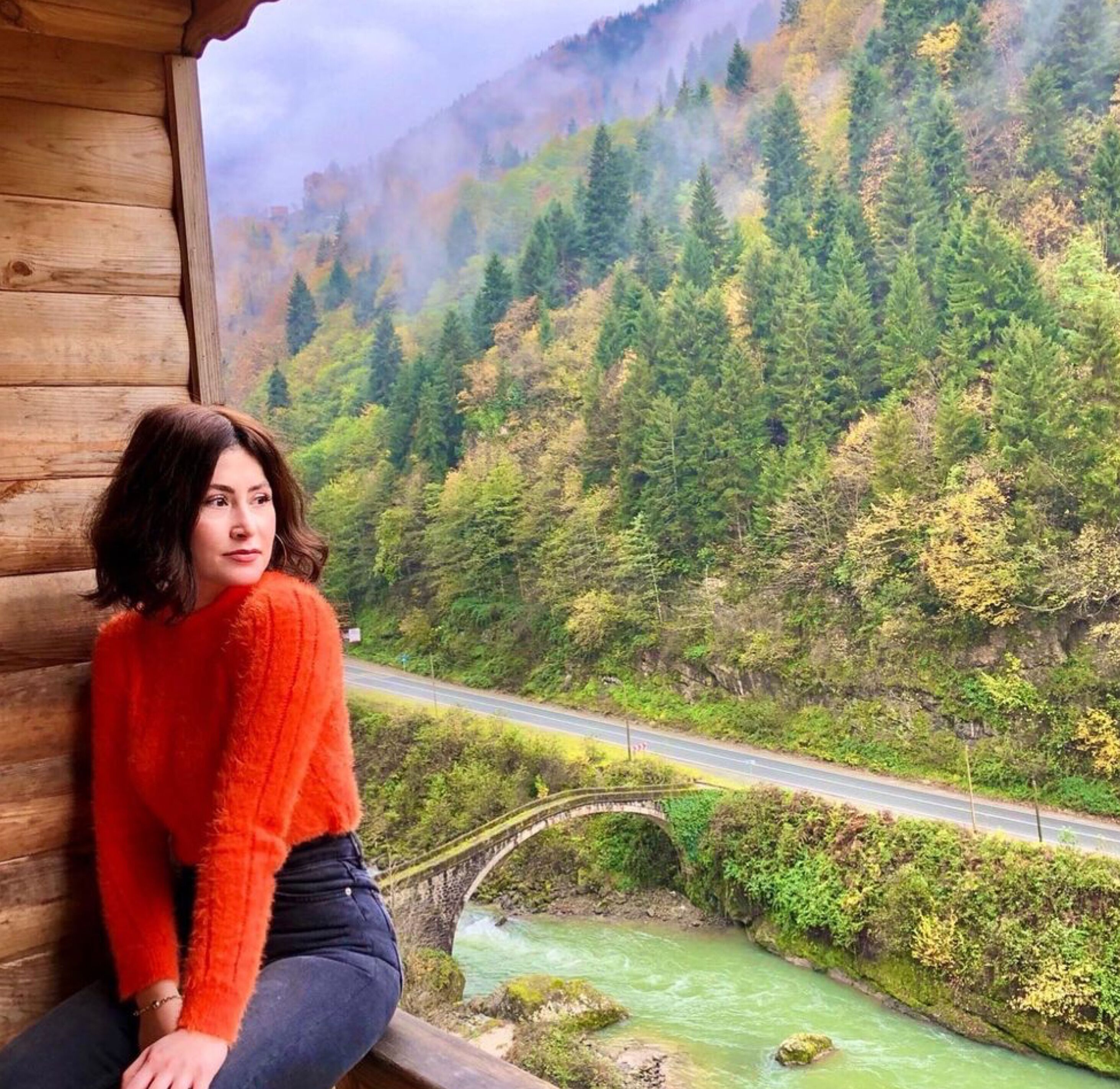 A person seated by a window overlooking a river, surrounded by dense forest and a mountain in the background.