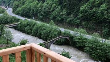 A wooden deck overlooking a river with a stone bridge, surrounded by dense green forest.