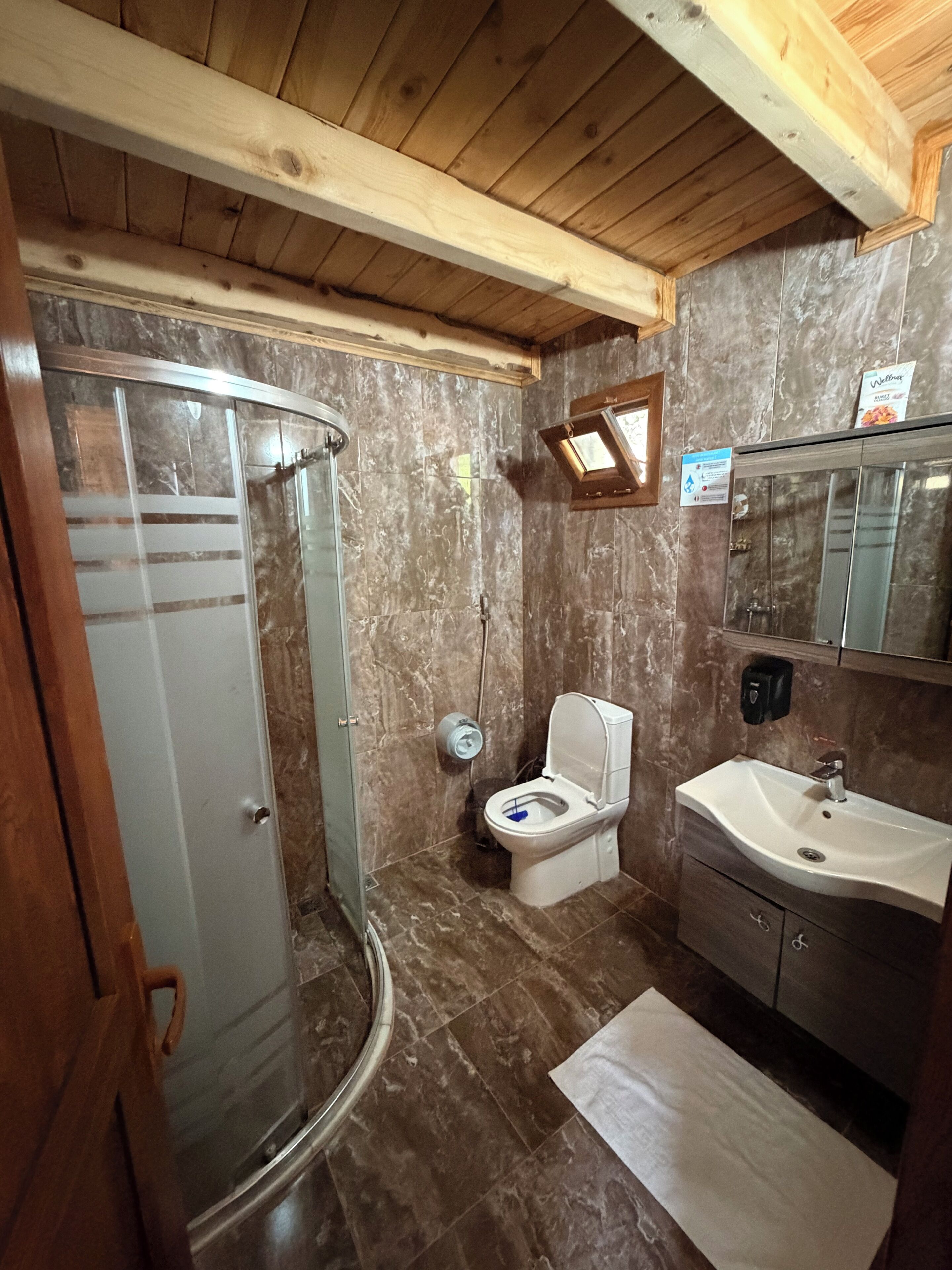 A bathroom with a shower, toilet, sink, and marble walls.