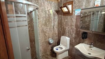 A bathroom with a shower, toilet, sink, and marble walls.