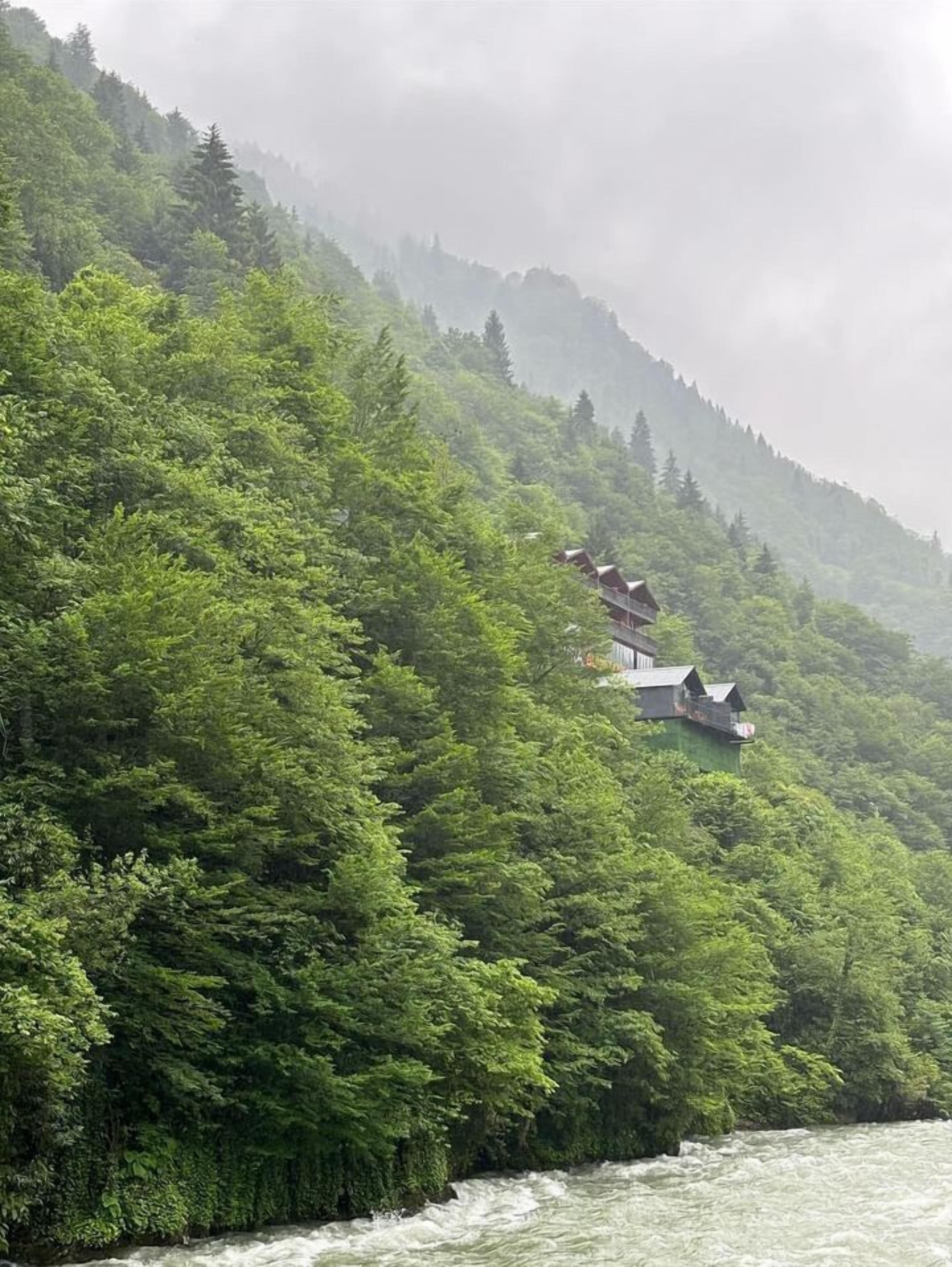 A traditional wooden house with a sloped roof, surrounded by dense green forest and overlooking a river.