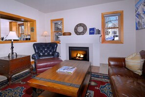 Tv, eldstad, dvd-spelare och kontor