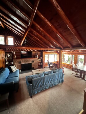 Smart TV, fireplace, DVD player, books