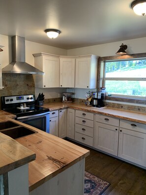 Full-size fridge, microwave, oven, stovetop