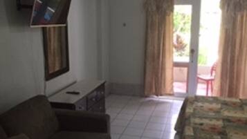 Una sala de estar con un sofá, un televisor de pantalla plana montado en la pared, un ventilador de techo y vistas al exterior a través de un ventanal.