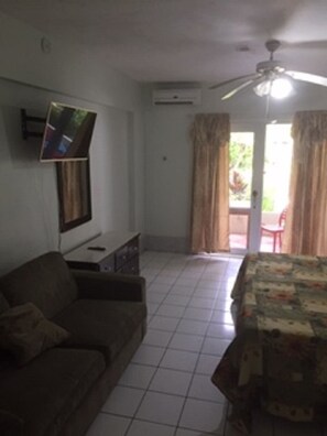 Una sala de estar con un sofá, un televisor de pantalla plana montado en la pared, un ventilador de techo y vistas al exterior a través de un ventanal.