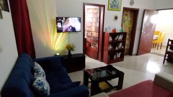 Una Smart TV, un reproductor de DVD, libros, un reproductor estéreo