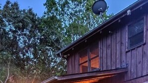 A wooden cabin with a stone fire pit in front, surrounded by lush greenery and flowering plants.