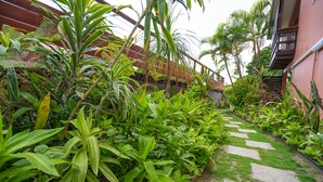 Un sendero en jardín con abundante vegetación y un camino de losas de piedra.