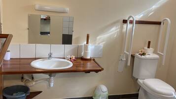 A bathroom with a wooden vanity, a white sink, a mirror, a toilet, and a trash can.